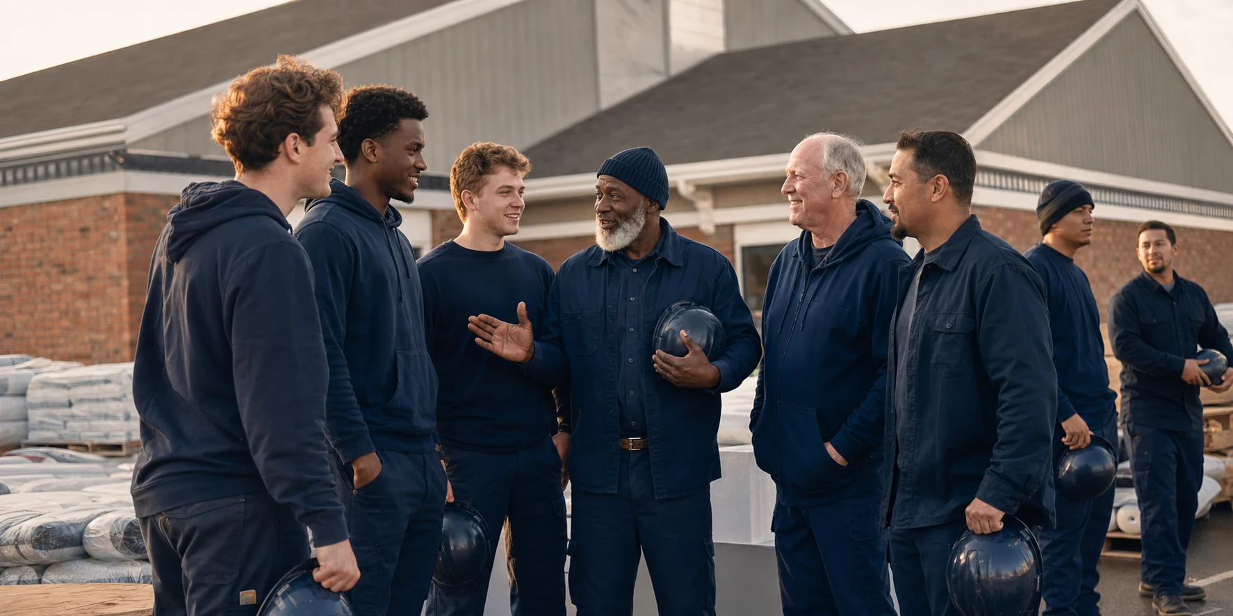 A multigenerational group of roofers and waterproofers talking outside a training facility