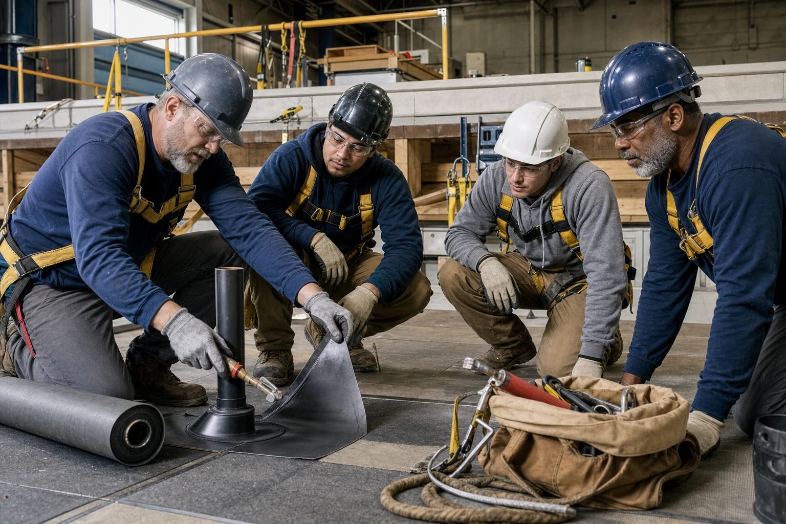 An experienced roofing instructor demonstrating a roof detail to three trainees in a hands-on training facility