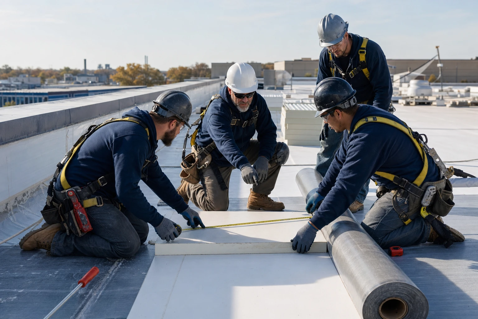 A journeyperson guiding three apprentices as they measure insulation and prepare membrane on a commercial roof