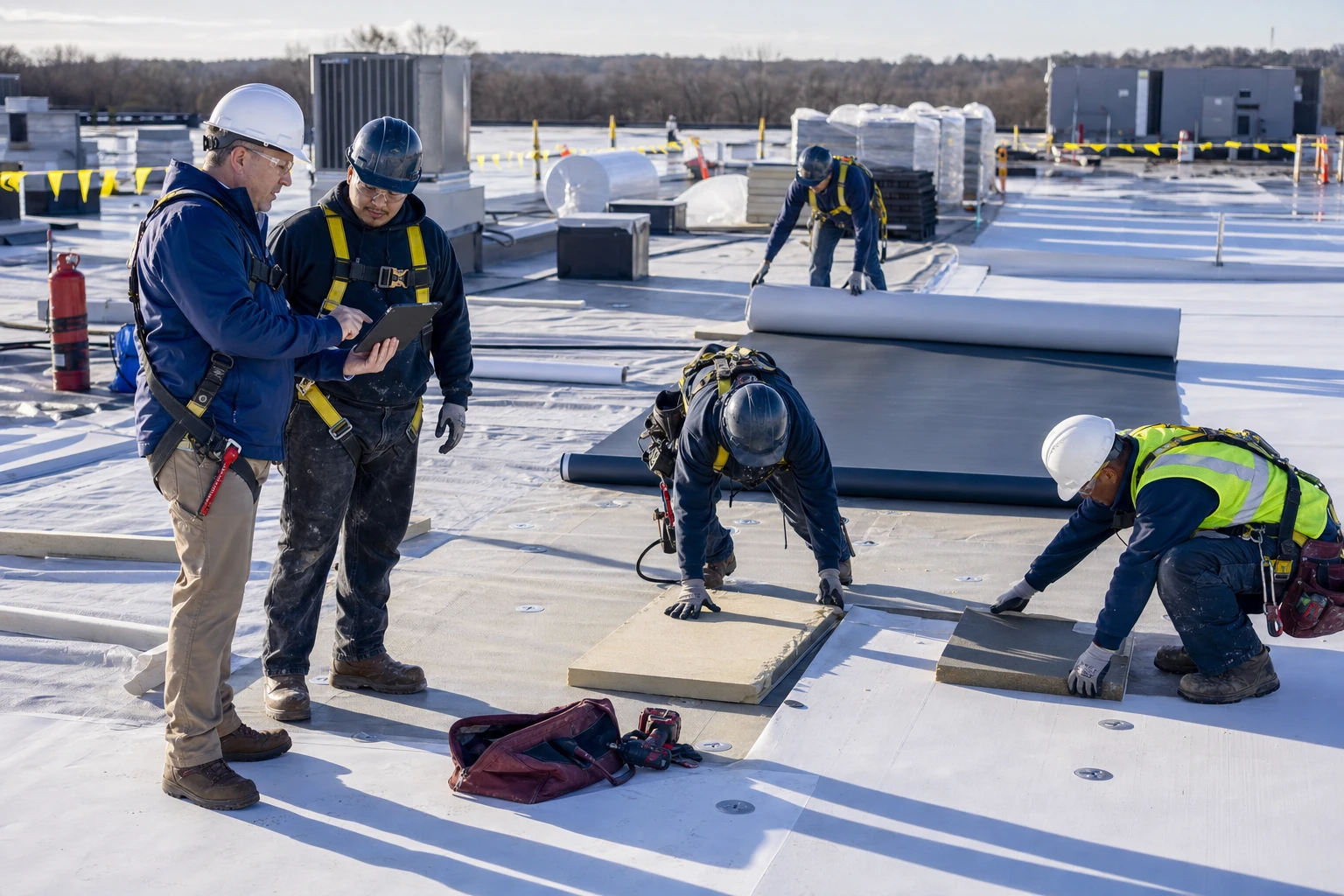 A contractor superintendent coordinating a large single-ply roof installation with a union roofing crew