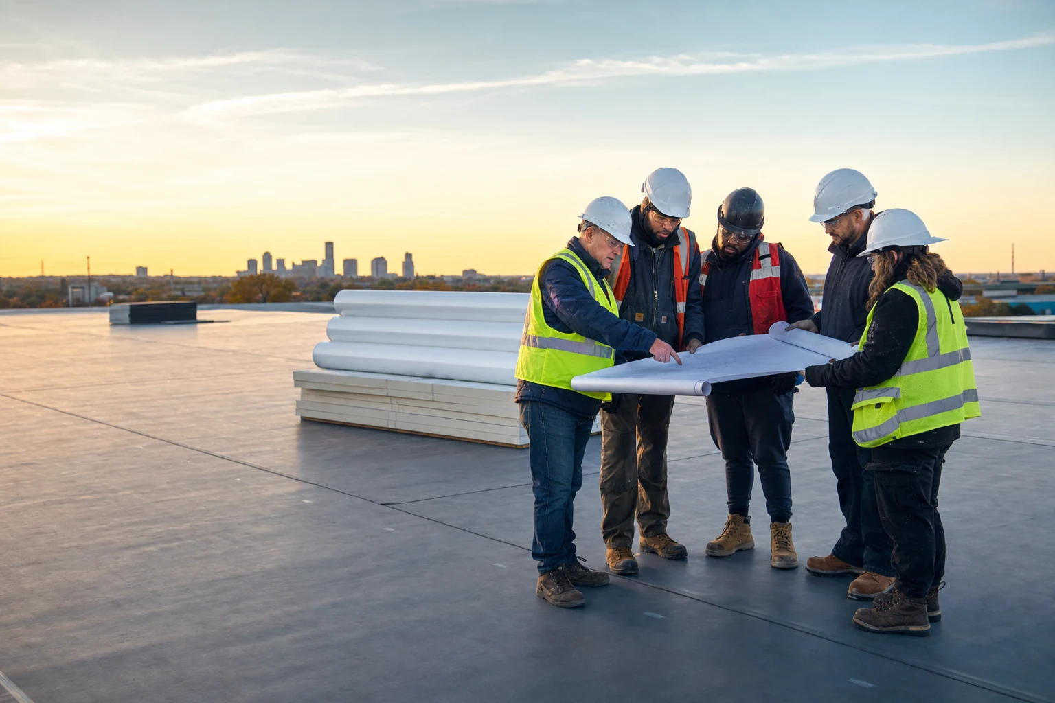 A commercial roofing contractor and union crew reviewing plans on a low-slope roof