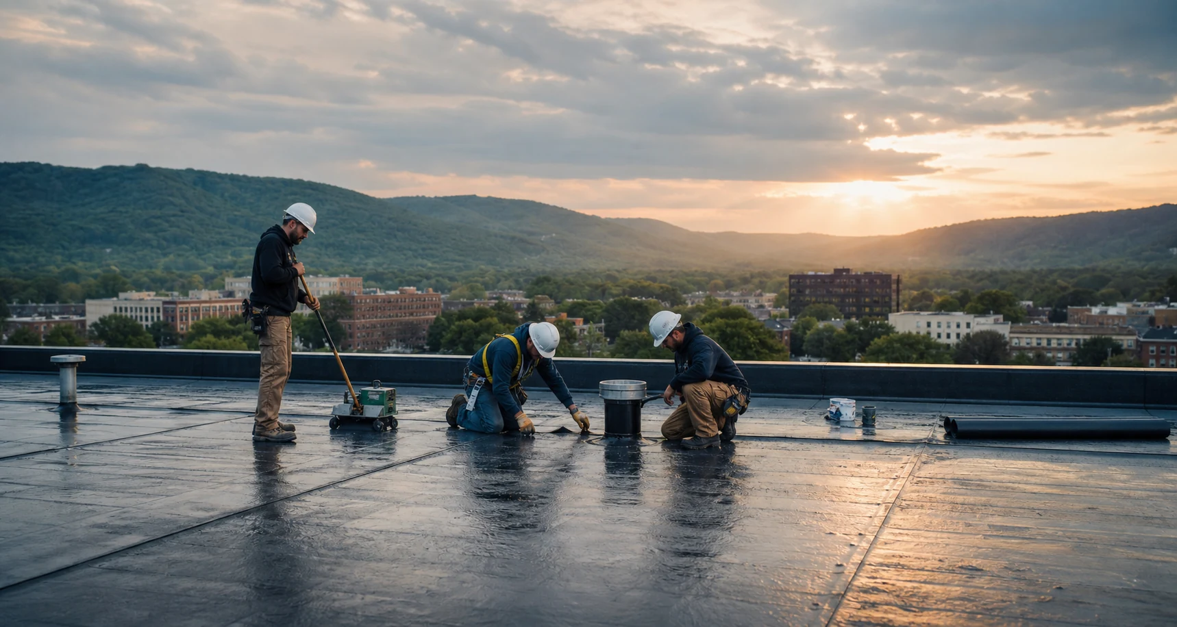 A roofing crew installing a low-slope commercial roof with Kentucky hills beyond