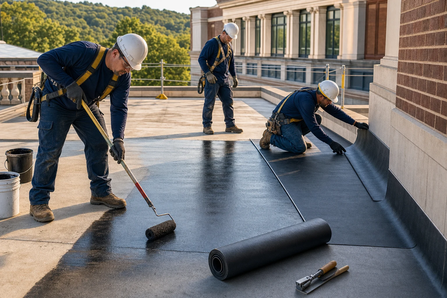 Three roofers applying and detailing a commercial waterproofing system on a concrete deck in Kentucky