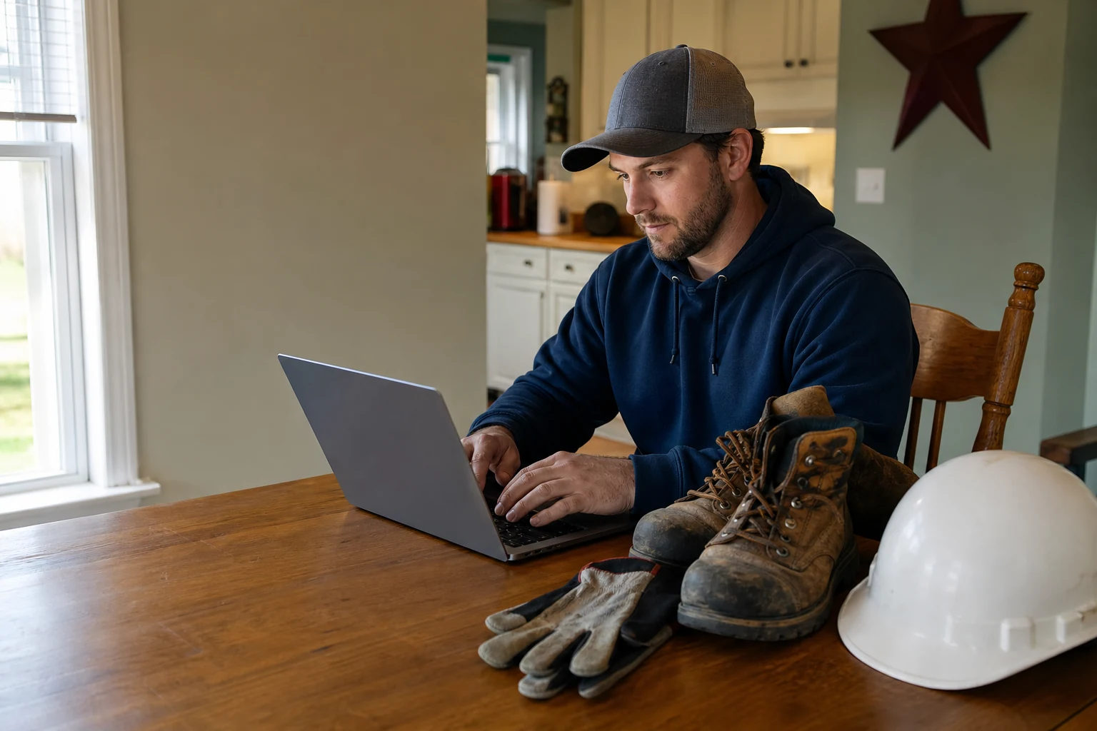 A prospective roofing applicant completing an online form at home beside work boots, gloves, and a hard hat
