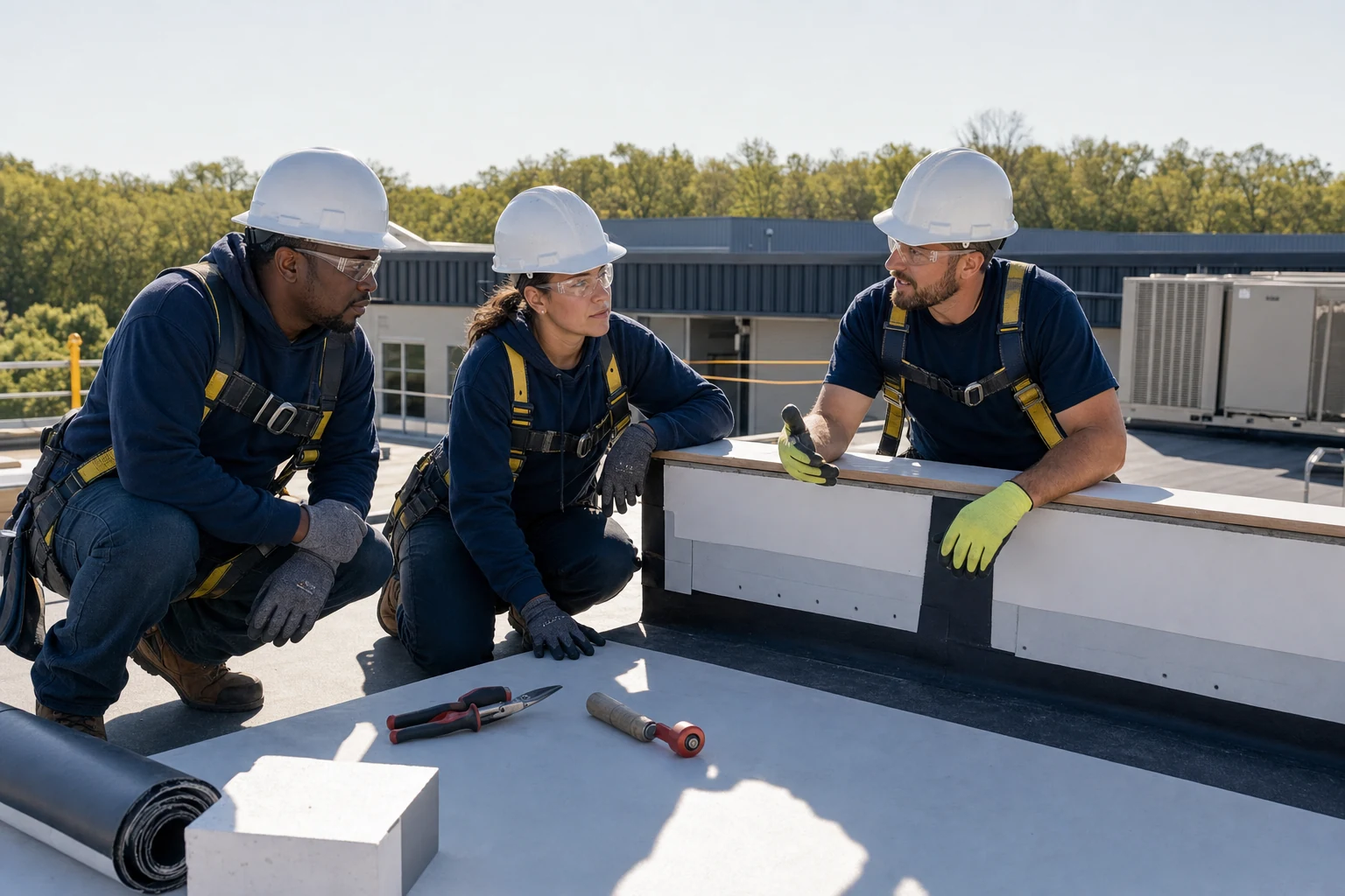 An experienced roofer discussing a commercial roof detail with two prospective apprentices during orientation